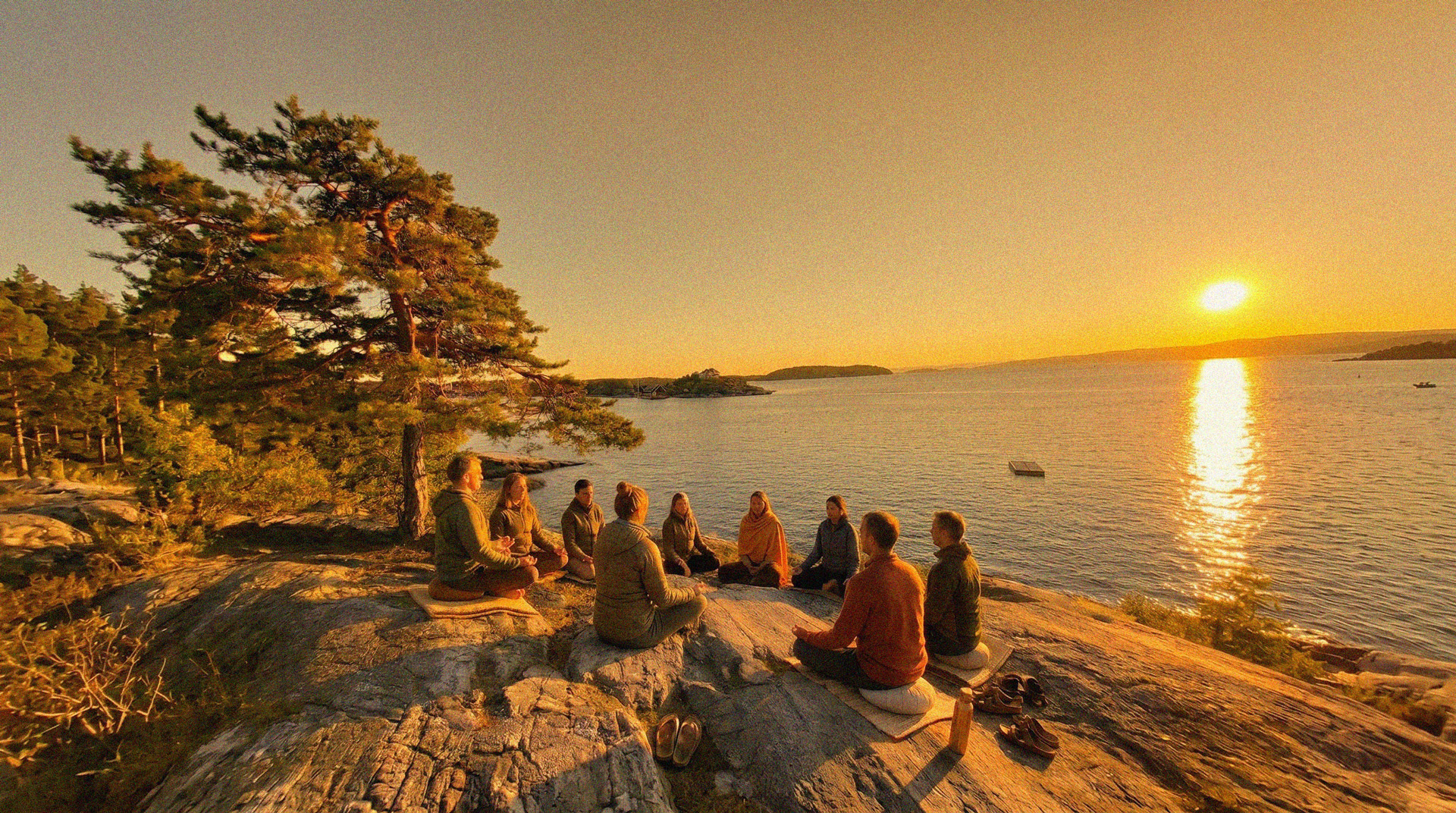 Gruppe som mediterer på klipper ved fjorden i solnedgang